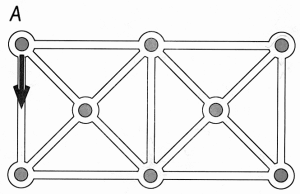 Et liggende rektangel som er delt i to kvadrater. I hvert kvadrat er begge diagonalene trukket. I hvert av skjæringspunktene mellom diagonalene er det tegnet inn et punkt. Det er også tegnet inn et punkt i hvert hjørne av kvadratene. Øverste venstre hjørne i det liggende kvadratet er markert med bokstaven A og fra A og loddrett ned er det tegnet inn en pil.